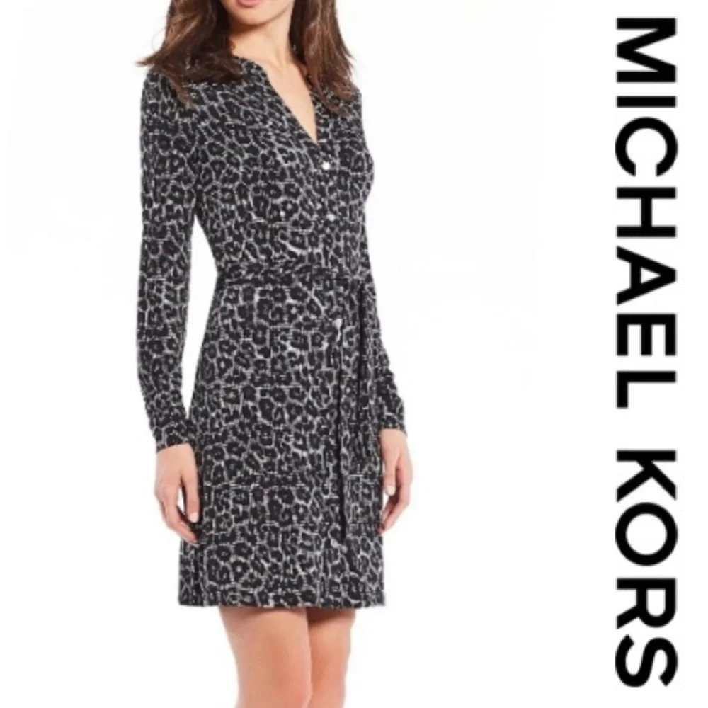 Michael Kors Gray Animal Print Long Sleeve Dress